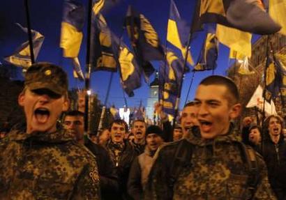 Svoboda march together with UPA and other nationalists to the memory of Nazi ally, Stepan Bandera, Kyiv 2011.